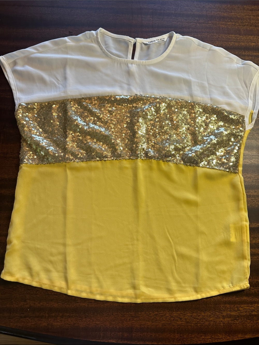 SHEIN White, Gold & Yellow Sequin Colorblock Blouse